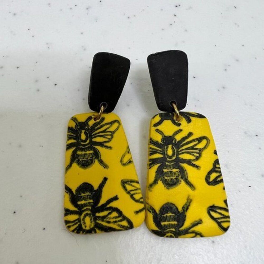 Bee Earrings Black Yellow Polymer Clay Textured 3D Dangle Big‎ Statement